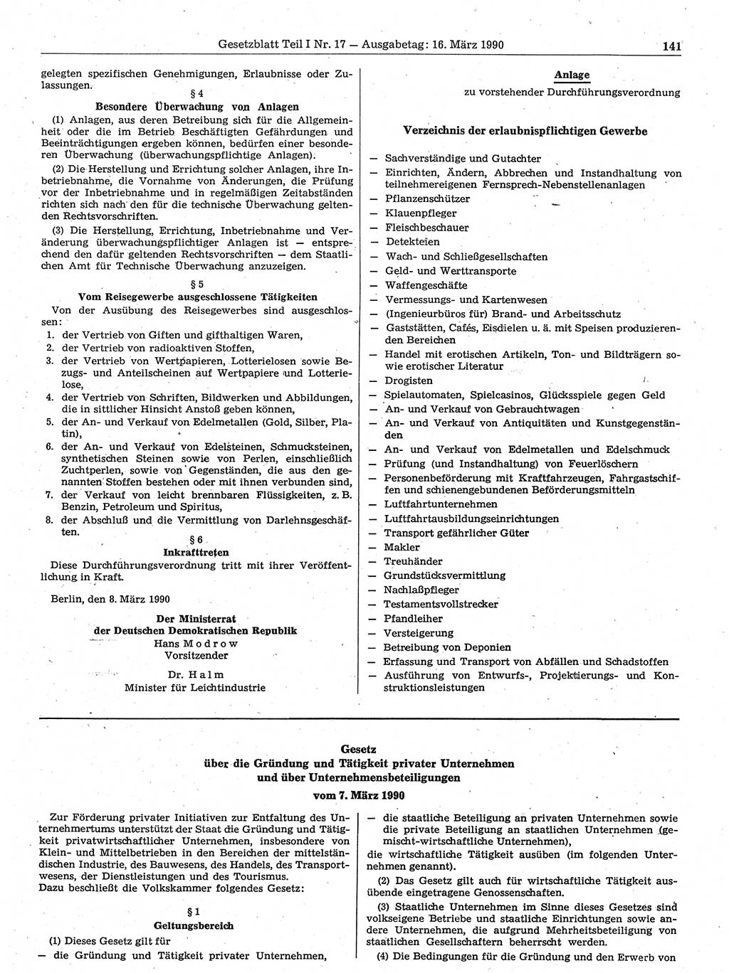 Gesetzblatt (GBl.) der Deutschen Demokratischen Republik (DDR) Teil Ⅰ 1990, Seite 141 (GBl. DDR Ⅰ 1990, S. 141)