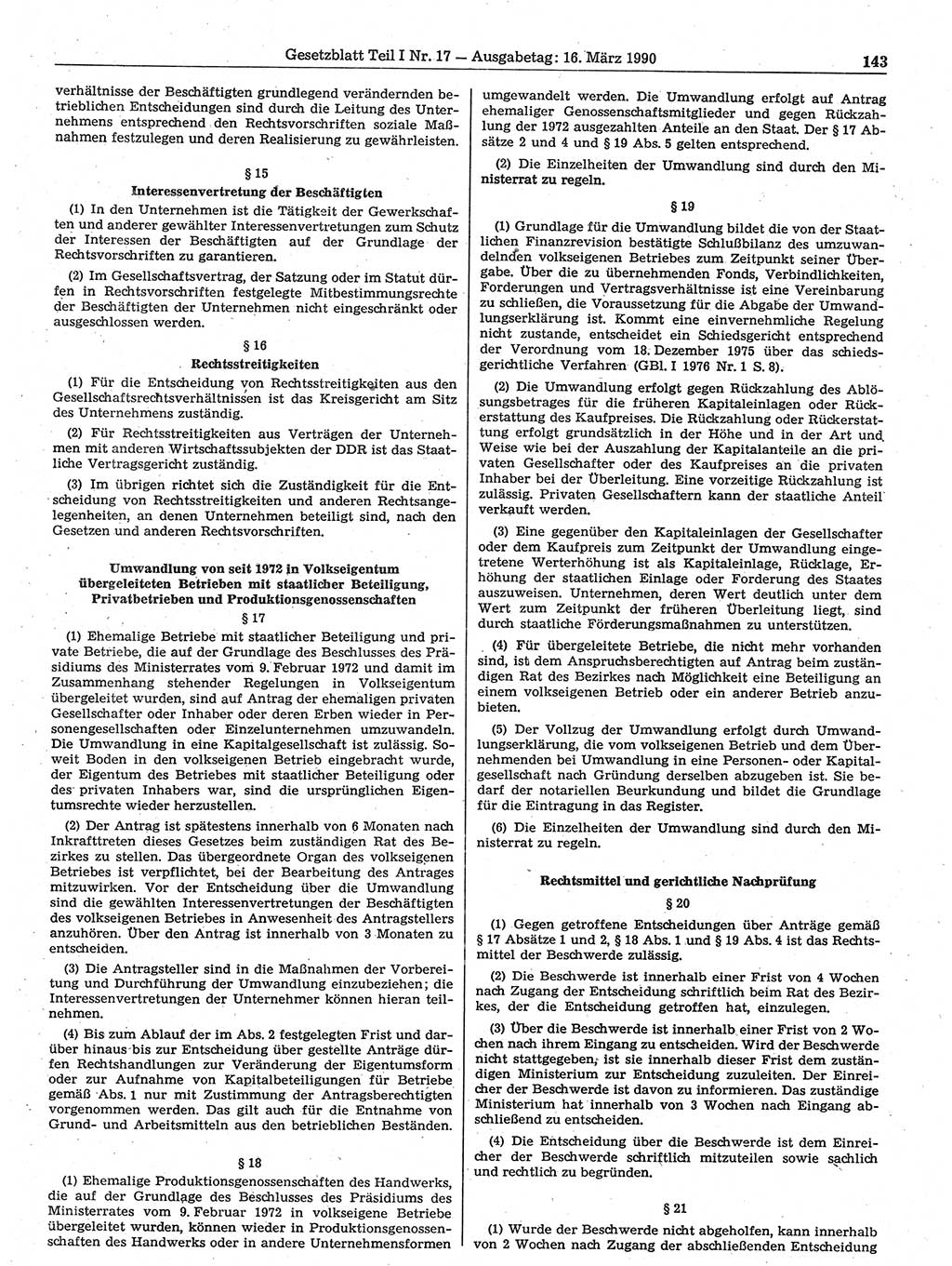 Gesetzblatt (GBl.) der Deutschen Demokratischen Republik (DDR) Teil Ⅰ 1990, Seite 143 (GBl. DDR Ⅰ 1990, S. 143)