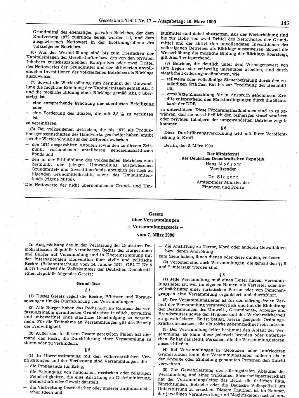 Gesetzblatt (GBl.) der Deutschen Demokratischen Republik (DDR) Teil Ⅰ 1990, Seite 145 (GBl. DDR Ⅰ 1990, S. 145)
