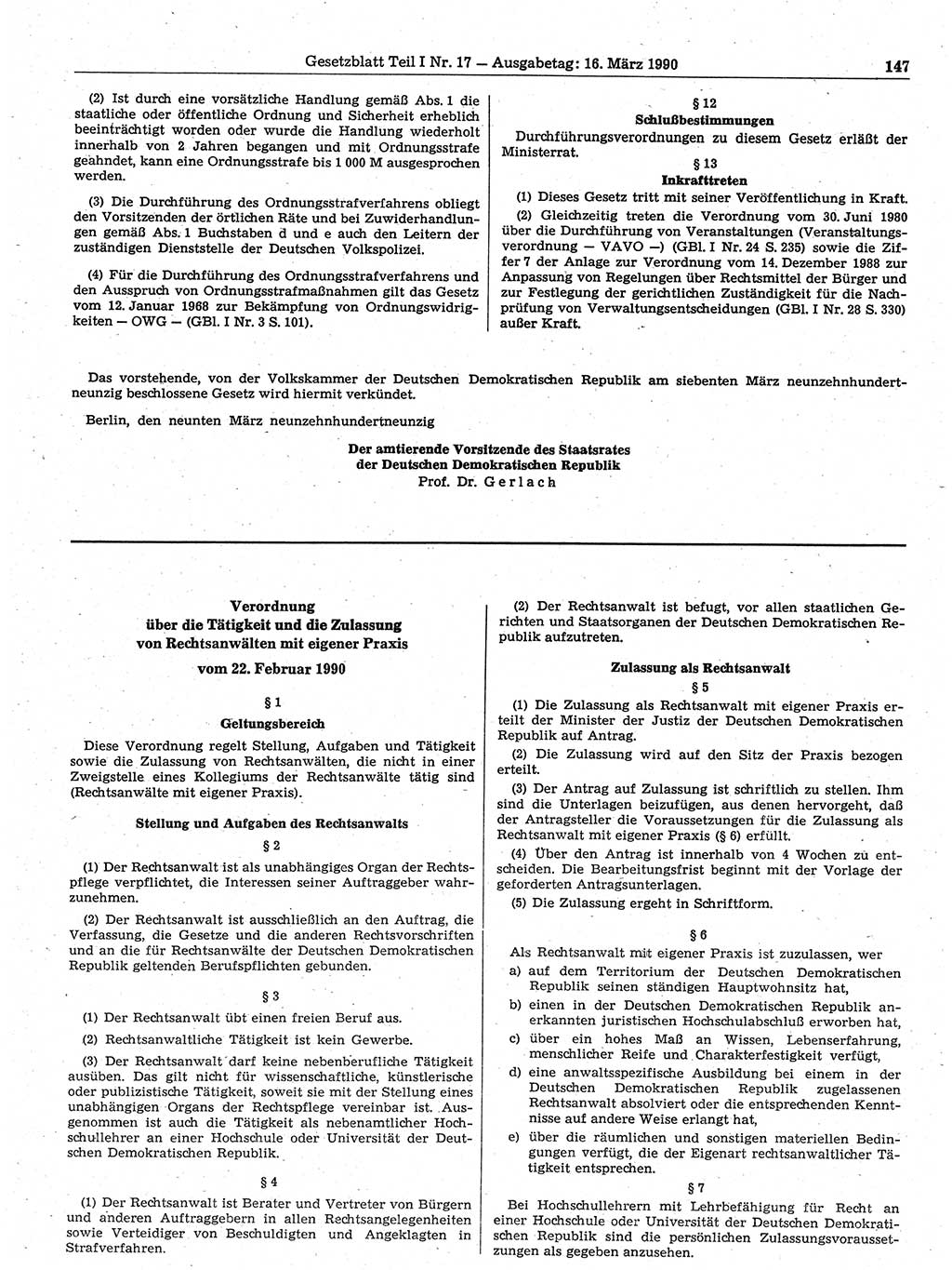 Gesetzblatt (GBl.) der Deutschen Demokratischen Republik (DDR) Teil Ⅰ 1990, Seite 147 (GBl. DDR Ⅰ 1990, S. 147)