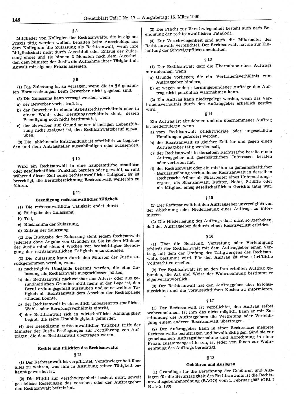 Gesetzblatt (GBl.) der Deutschen Demokratischen Republik (DDR) Teil Ⅰ 1990, Seite 148 (GBl. DDR Ⅰ 1990, S. 148)