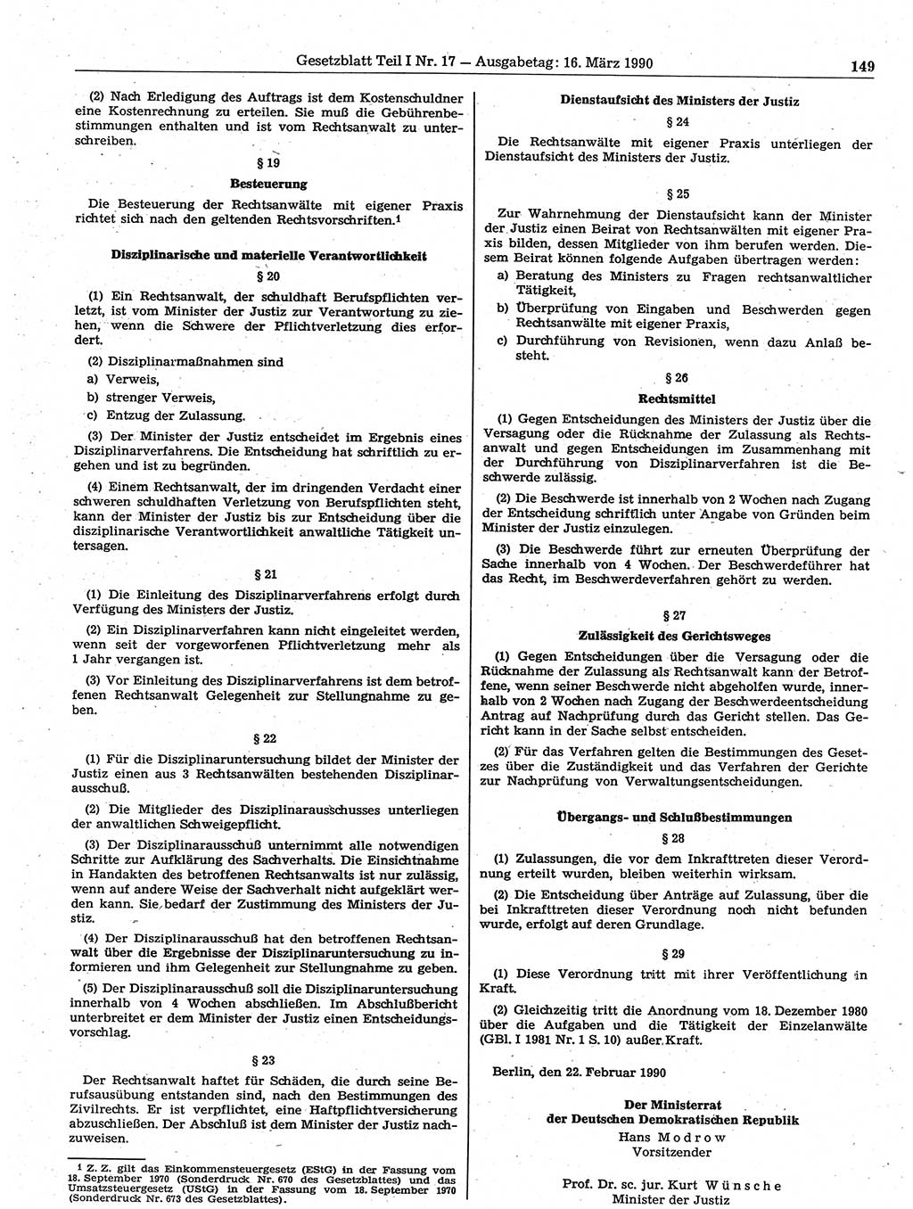 Gesetzblatt (GBl.) der Deutschen Demokratischen Republik (DDR) Teil Ⅰ 1990, Seite 149 (GBl. DDR Ⅰ 1990, S. 149)