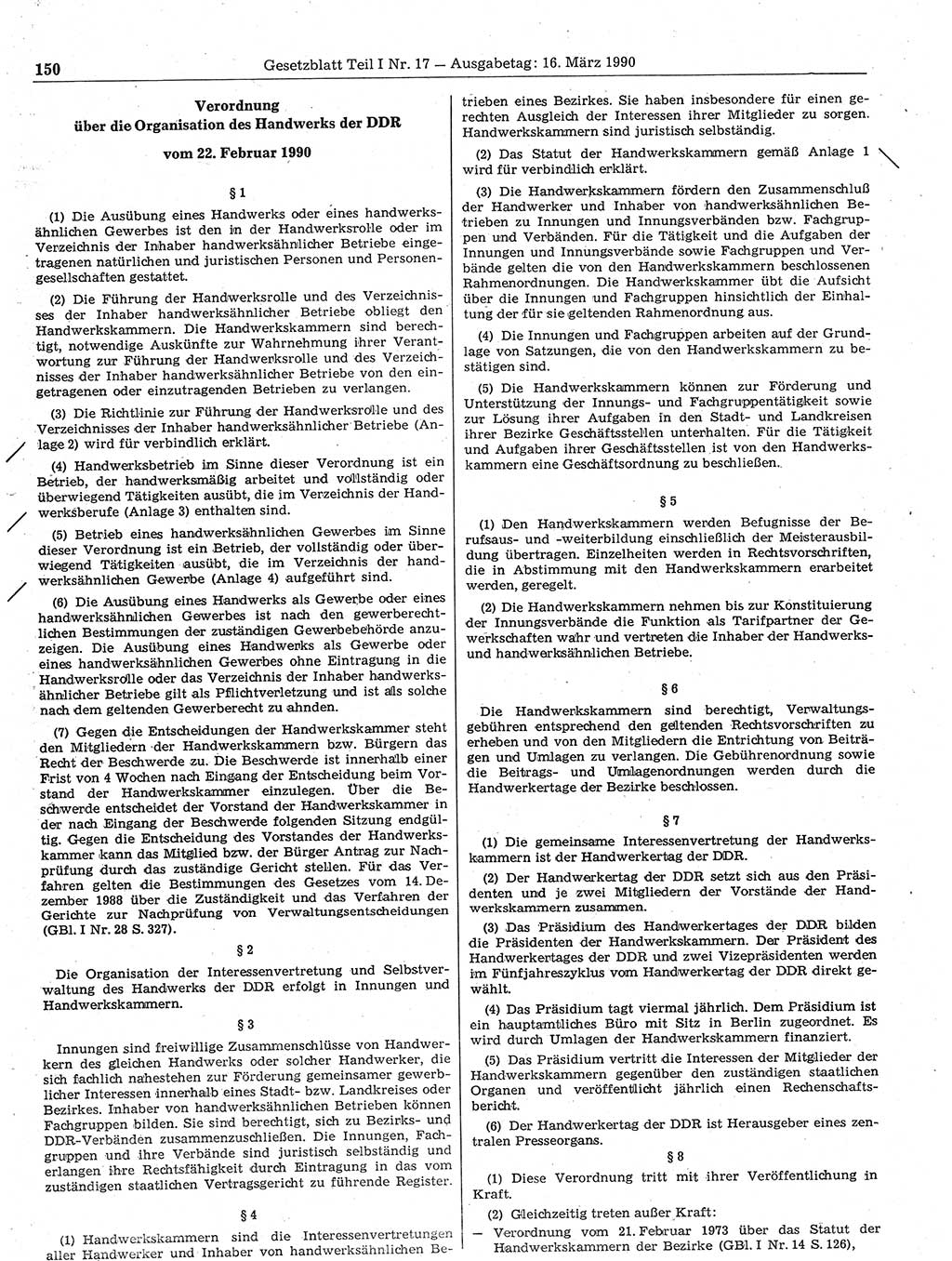 Gesetzblatt (GBl.) der Deutschen Demokratischen Republik (DDR) Teil Ⅰ 1990, Seite 150 (GBl. DDR Ⅰ 1990, S. 150)