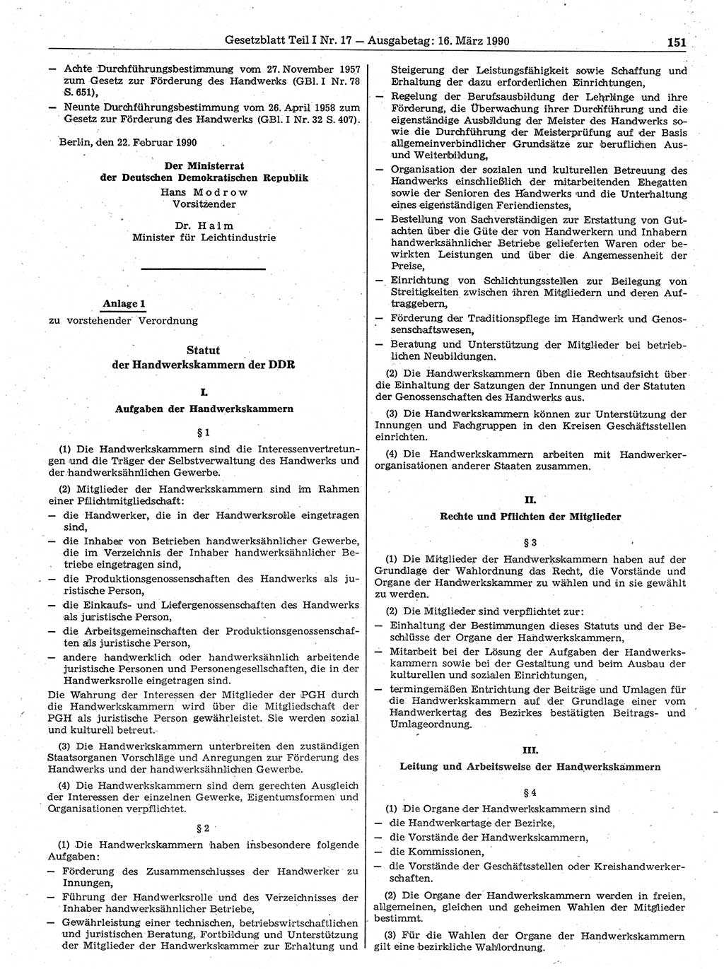 Gesetzblatt (GBl.) der Deutschen Demokratischen Republik (DDR) Teil Ⅰ 1990, Seite 151 (GBl. DDR Ⅰ 1990, S. 151)