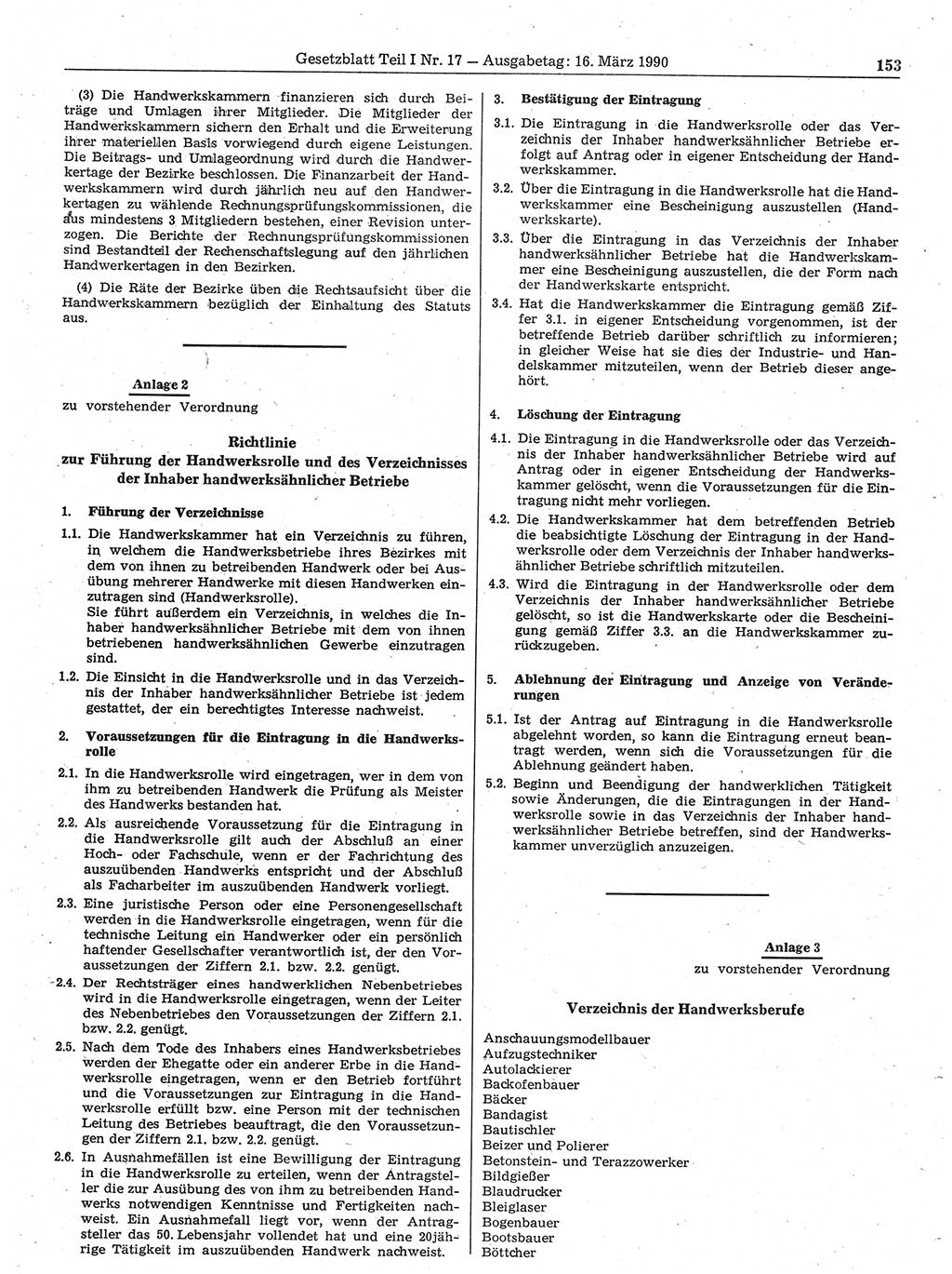 Gesetzblatt (GBl.) der Deutschen Demokratischen Republik (DDR) Teil Ⅰ 1990, Seite 153 (GBl. DDR Ⅰ 1990, S. 153)
