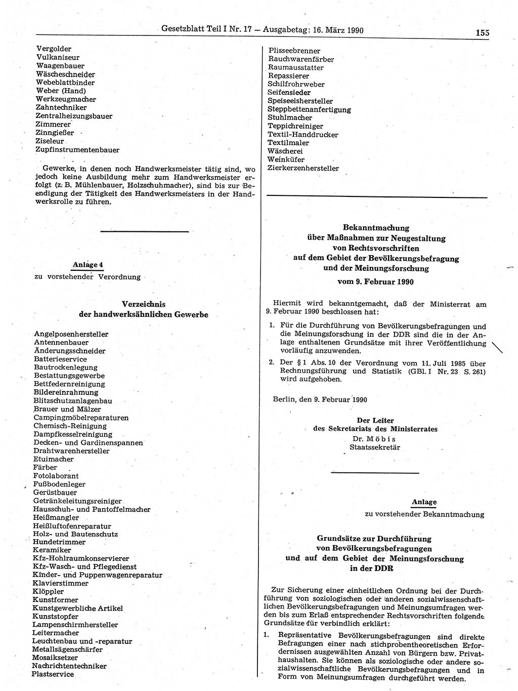 Gesetzblatt (GBl.) der Deutschen Demokratischen Republik (DDR) Teil Ⅰ 1990, Seite 155 (GBl. DDR Ⅰ 1990, S. 155)