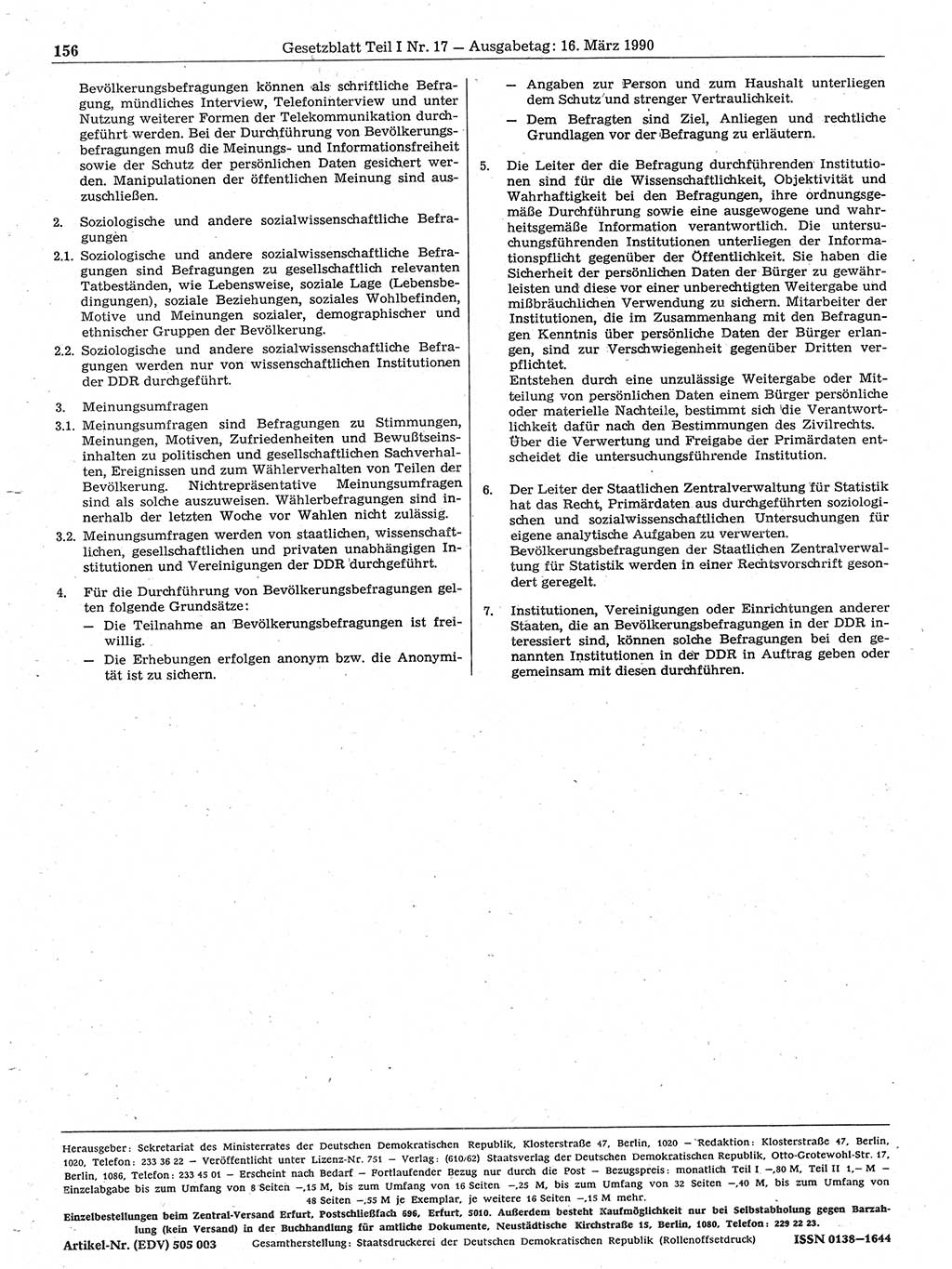 Gesetzblatt (GBl.) der Deutschen Demokratischen Republik (DDR) Teil Ⅰ 1990, Seite 156 (GBl. DDR Ⅰ 1990, S. 156)