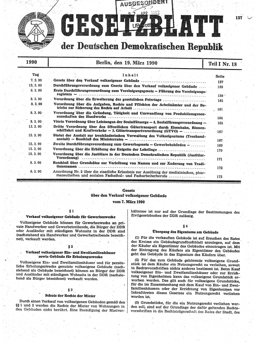 Gesetzblatt (GBl.) der Deutschen Demokratischen Republik (DDR) Teil Ⅰ 1990, Seite 157 (GBl. DDR Ⅰ 1990, S. 157)
