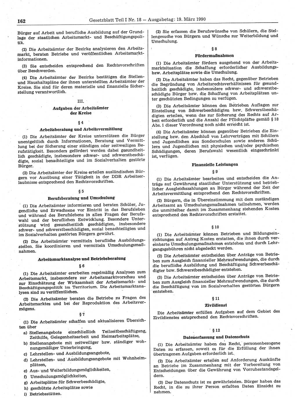 Gesetzblatt (GBl.) der Deutschen Demokratischen Republik (DDR) Teil Ⅰ 1990, Seite 162 (GBl. DDR Ⅰ 1990, S. 162)