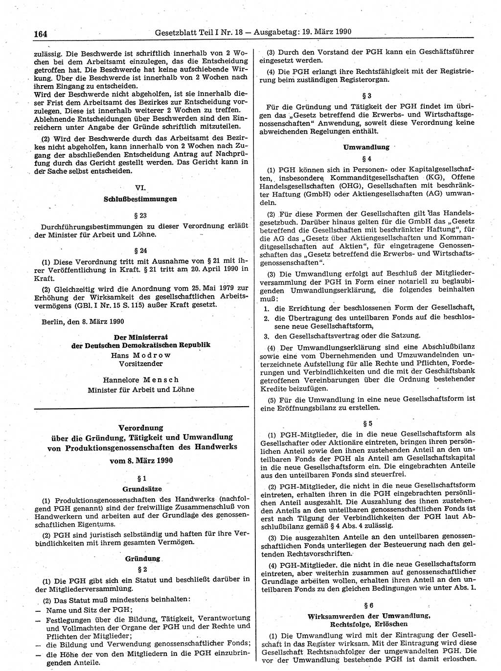 Gesetzblatt (GBl.) der Deutschen Demokratischen Republik (DDR) Teil Ⅰ 1990, Seite 164 (GBl. DDR Ⅰ 1990, S. 164)