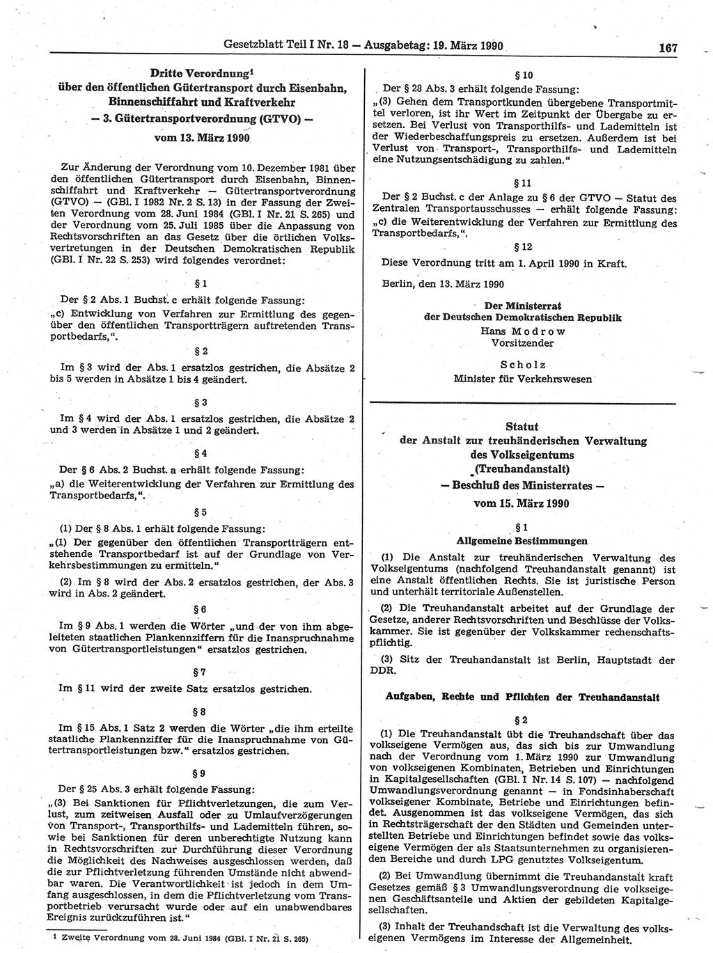 Gesetzblatt (GBl.) der Deutschen Demokratischen Republik (DDR) Teil Ⅰ 1990, Seite 167 (GBl. DDR Ⅰ 1990, S. 167)