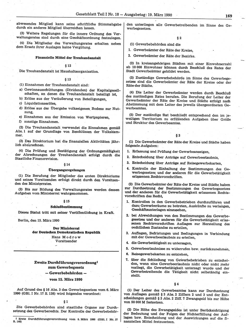Gesetzblatt (GBl.) der Deutschen Demokratischen Republik (DDR) Teil Ⅰ 1990, Seite 169 (GBl. DDR Ⅰ 1990, S. 169)