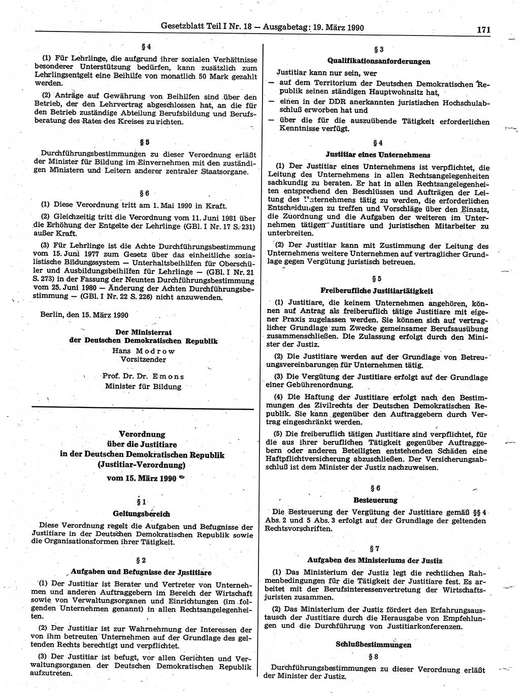 Gesetzblatt (GBl.) der Deutschen Demokratischen Republik (DDR) Teil Ⅰ 1990, Seite 171 (GBl. DDR Ⅰ 1990, S. 171)