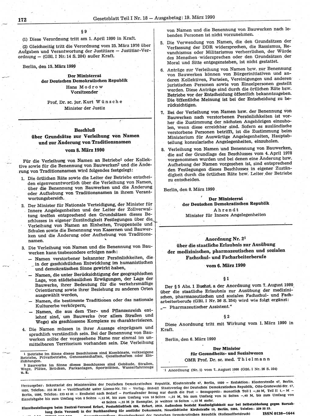 Gesetzblatt (GBl.) der Deutschen Demokratischen Republik (DDR) Teil Ⅰ 1990, Seite 172 (GBl. DDR Ⅰ 1990, S. 172)