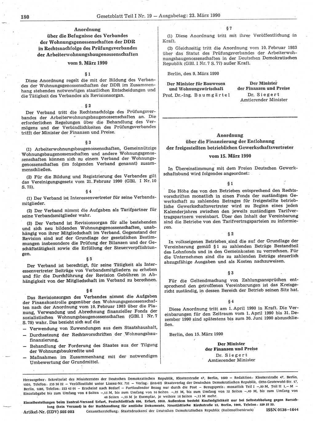 Gesetzblatt (GBl.) der Deutschen Demokratischen Republik (DDR) Teil Ⅰ 1990, Seite 180 (GBl. DDR Ⅰ 1990, S. 180)