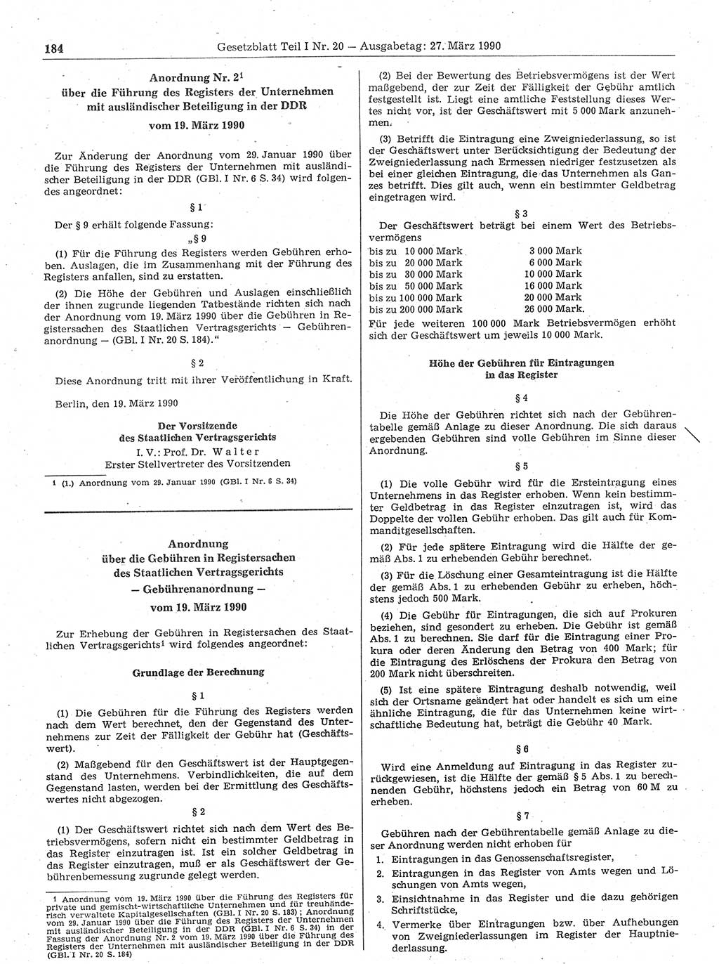 Gesetzblatt (GBl.) der Deutschen Demokratischen Republik (DDR) Teil Ⅰ 1990, Seite 184 (GBl. DDR Ⅰ 1990, S. 184)