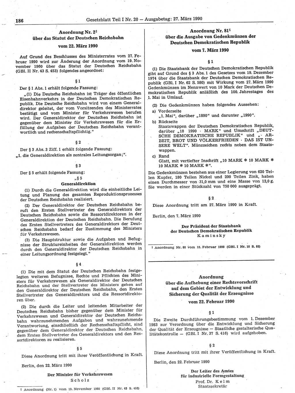 Gesetzblatt (GBl.) der Deutschen Demokratischen Republik (DDR) Teil Ⅰ 1990, Seite 186 (GBl. DDR Ⅰ 1990, S. 186)