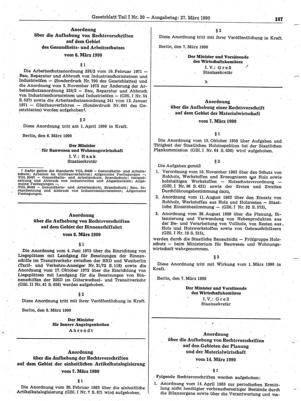 Gesetzblatt (GBl.) der Deutschen Demokratischen Republik (DDR) Teil Ⅰ 1990, Seite 187 (GBl. DDR Ⅰ 1990, S. 187)