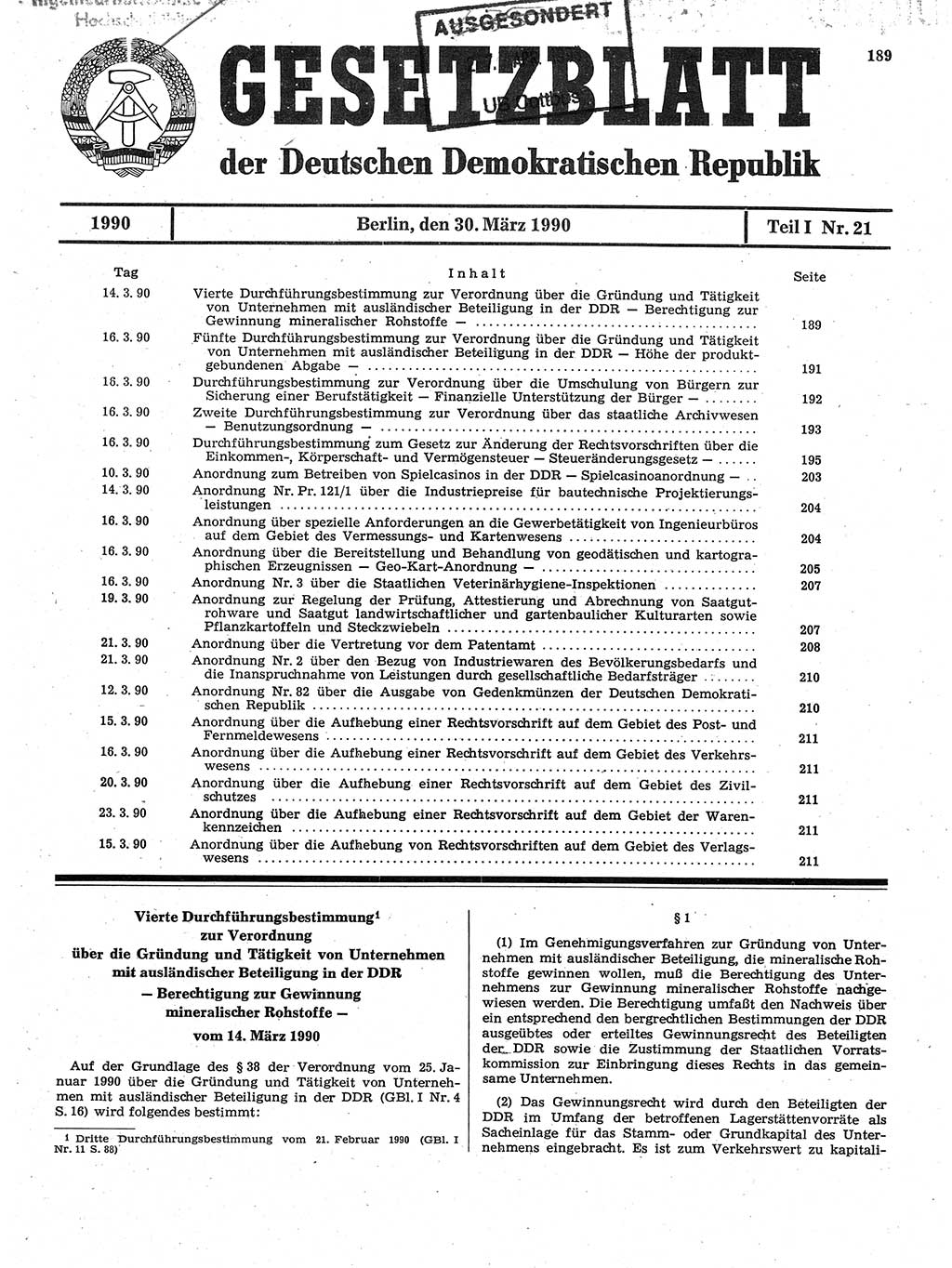 Gesetzblatt (GBl.) der Deutschen Demokratischen Republik (DDR) Teil Ⅰ 1990, Seite 189 (GBl. DDR Ⅰ 1990, S. 189)