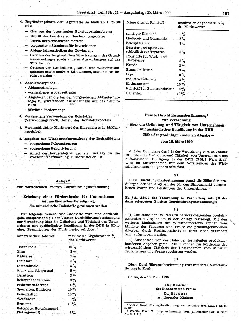Gesetzblatt (GBl.) der Deutschen Demokratischen Republik (DDR) Teil Ⅰ 1990, Seite 191 (GBl. DDR Ⅰ 1990, S. 191)