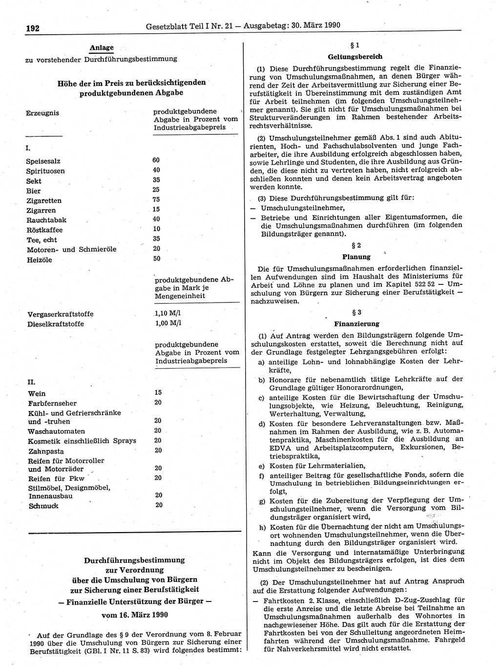 Gesetzblatt (GBl.) der Deutschen Demokratischen Republik (DDR) Teil Ⅰ 1990, Seite 192 (GBl. DDR Ⅰ 1990, S. 192)