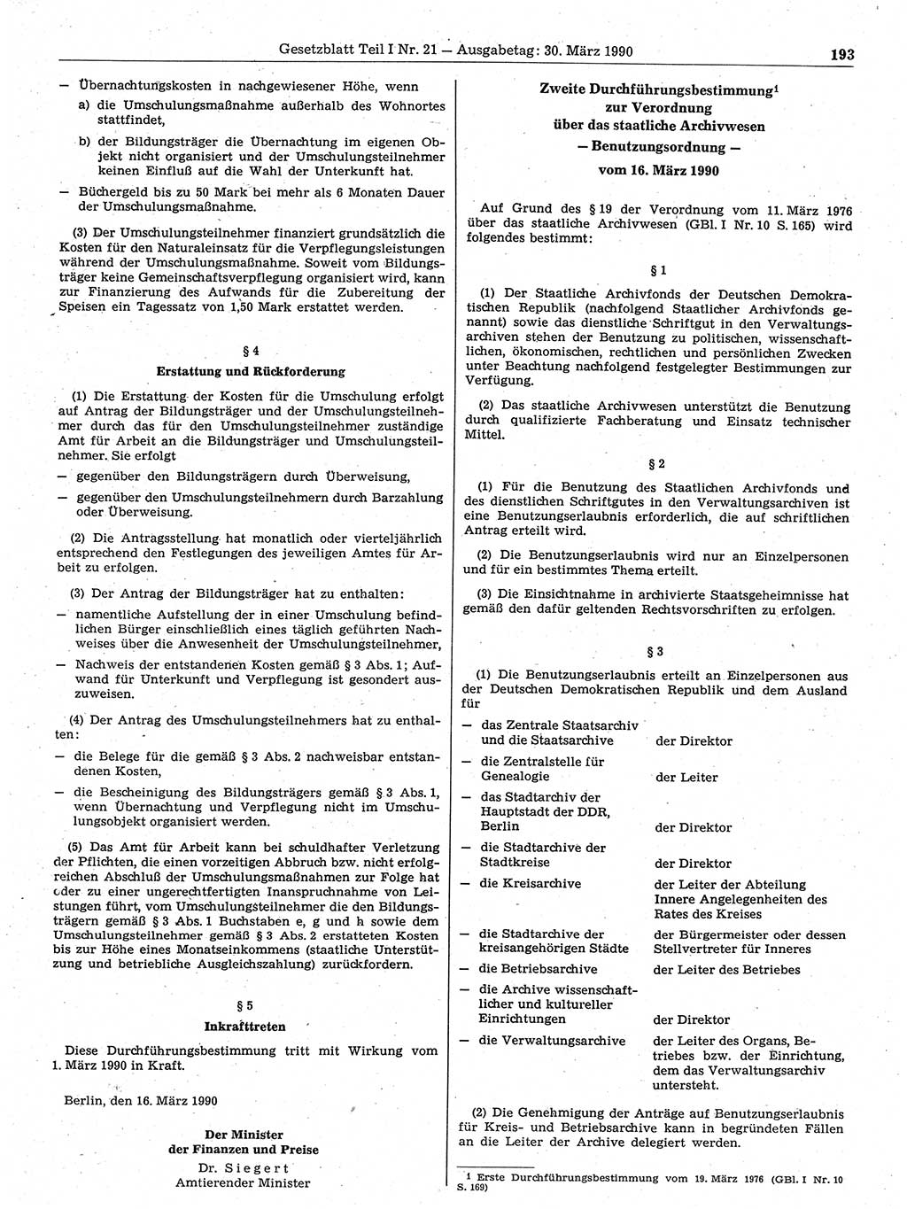 Gesetzblatt (GBl.) der Deutschen Demokratischen Republik (DDR) Teil Ⅰ 1990, Seite 193 (GBl. DDR Ⅰ 1990, S. 193)