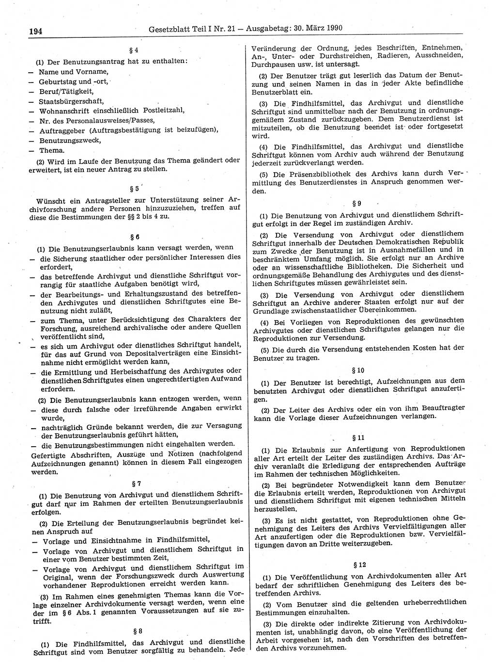 Gesetzblatt (GBl.) der Deutschen Demokratischen Republik (DDR) Teil Ⅰ 1990, Seite 194 (GBl. DDR Ⅰ 1990, S. 194)