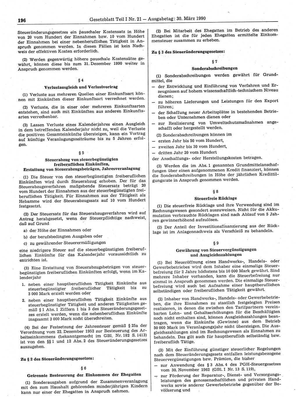 Gesetzblatt (GBl.) der Deutschen Demokratischen Republik (DDR) Teil Ⅰ 1990, Seite 196 (GBl. DDR Ⅰ 1990, S. 196)