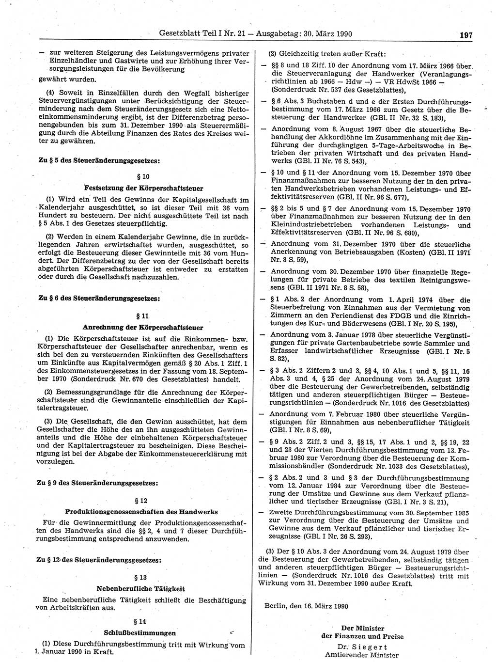Gesetzblatt (GBl.) der Deutschen Demokratischen Republik (DDR) Teil Ⅰ 1990, Seite 197 (GBl. DDR Ⅰ 1990, S. 197)