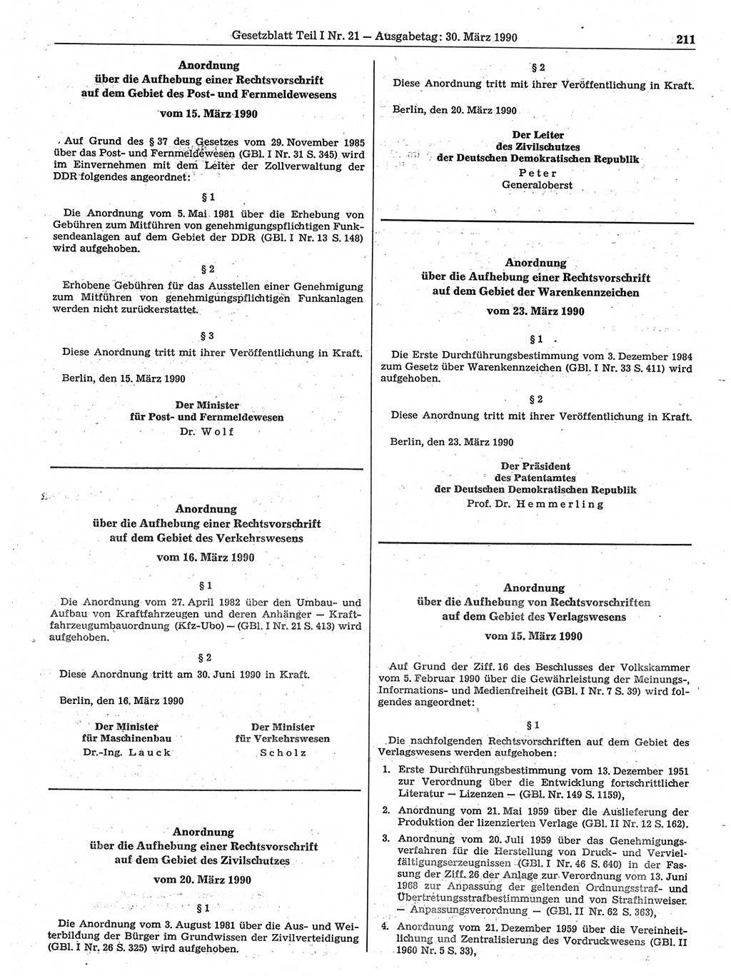 Gesetzblatt (GBl.) der Deutschen Demokratischen Republik (DDR) Teil Ⅰ 1990, Seite 211 (GBl. DDR Ⅰ 1990, S. 211)