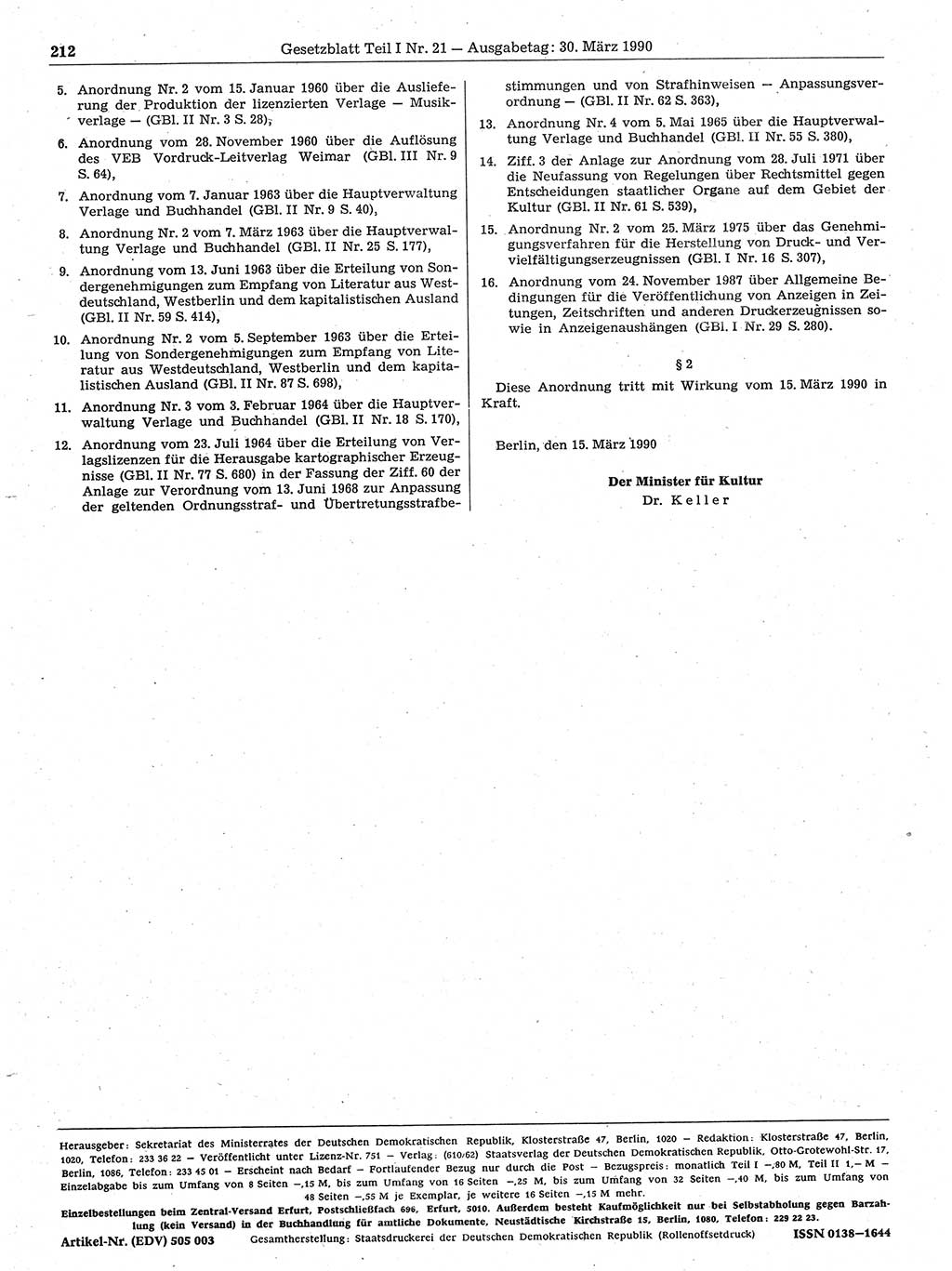 Gesetzblatt (GBl.) der Deutschen Demokratischen Republik (DDR) Teil Ⅰ 1990, Seite 212 (GBl. DDR Ⅰ 1990, S. 212)