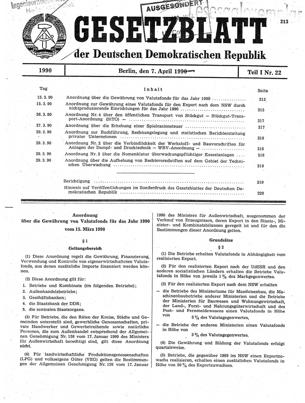 Gesetzblatt (GBl.) der Deutschen Demokratischen Republik (DDR) Teil Ⅰ 1990, Seite 213 (GBl. DDR Ⅰ 1990, S. 213)