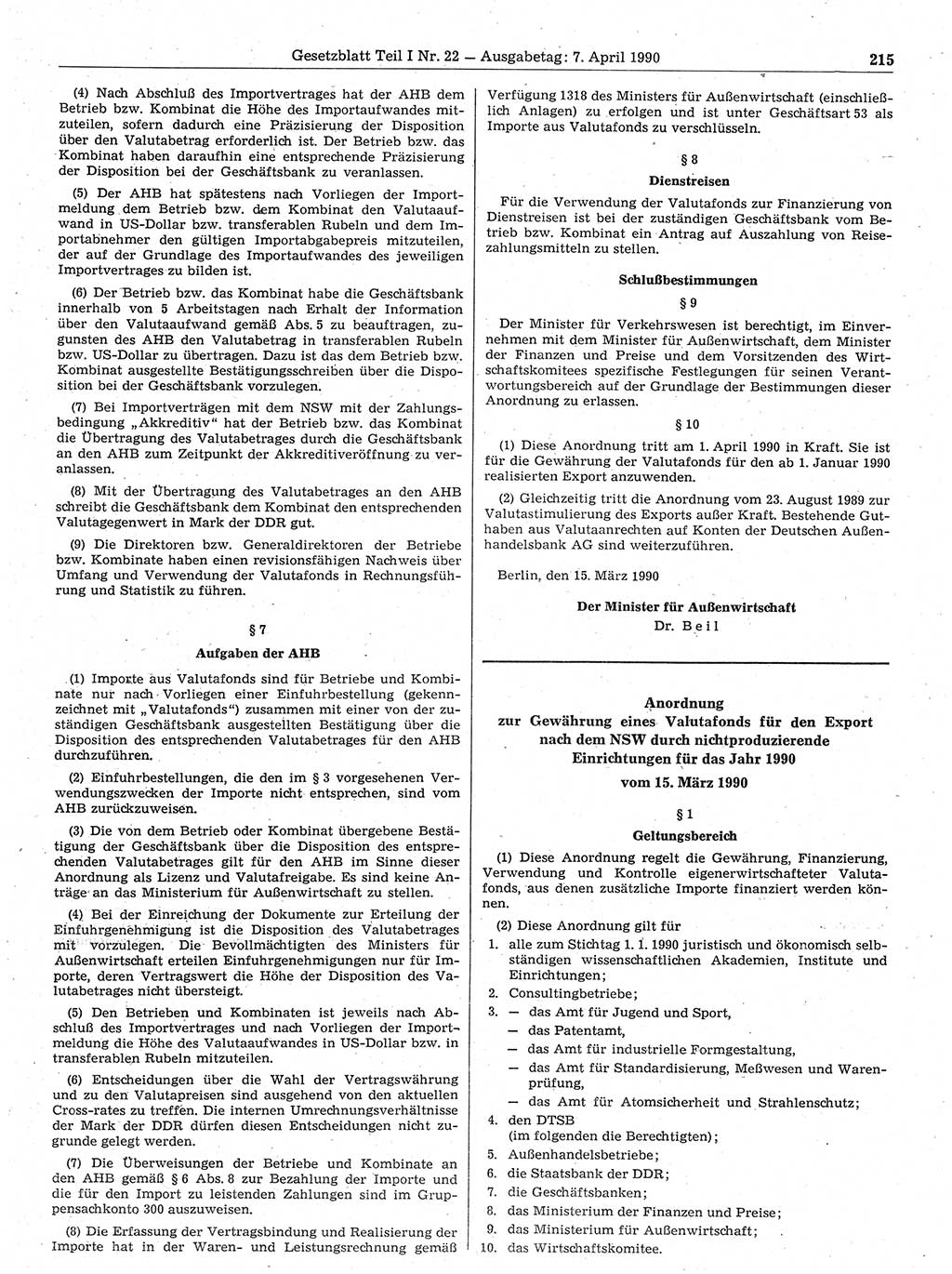 Gesetzblatt (GBl.) der Deutschen Demokratischen Republik (DDR) Teil Ⅰ 1990, Seite 215 (GBl. DDR Ⅰ 1990, S. 215)