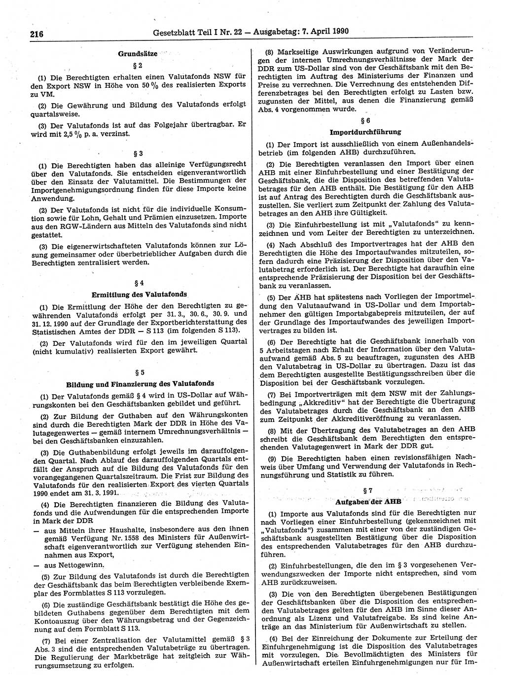 Gesetzblatt (GBl.) der Deutschen Demokratischen Republik (DDR) Teil Ⅰ 1990, Seite 216 (GBl. DDR Ⅰ 1990, S. 216)
