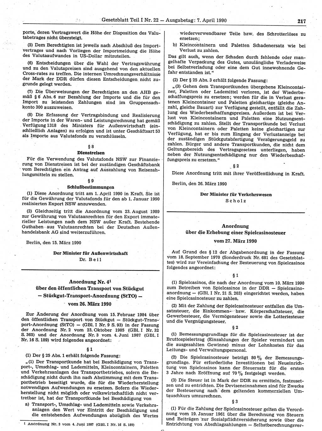 Gesetzblatt (GBl.) der Deutschen Demokratischen Republik (DDR) Teil Ⅰ 1990, Seite 217 (GBl. DDR Ⅰ 1990, S. 217)