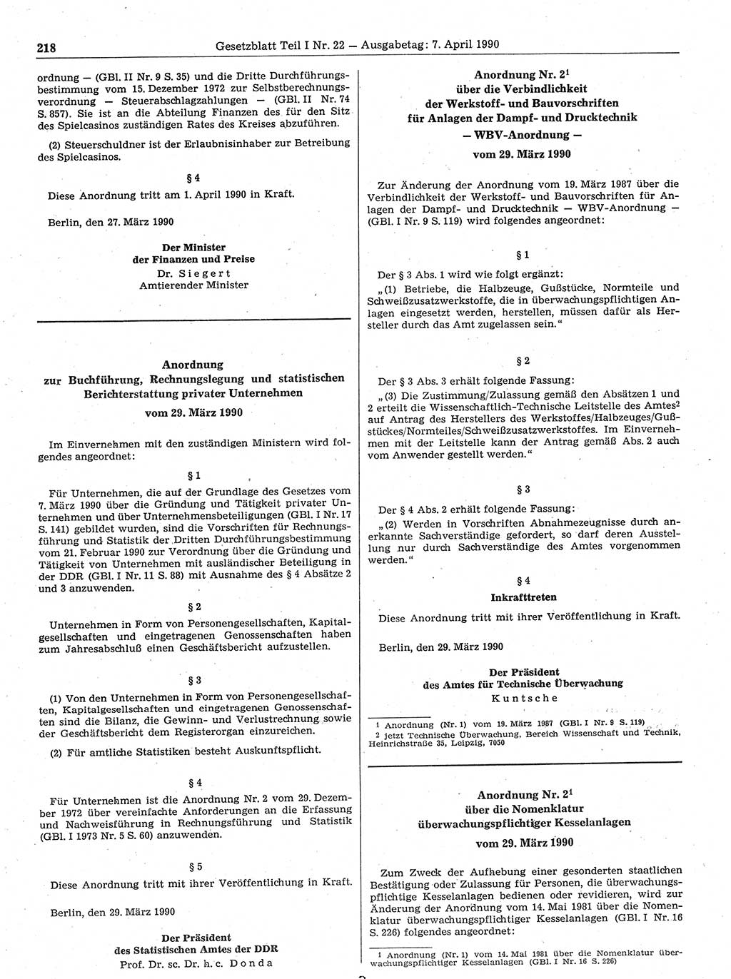 Gesetzblatt (GBl.) der Deutschen Demokratischen Republik (DDR) Teil Ⅰ 1990, Seite 218 (GBl. DDR Ⅰ 1990, S. 218)