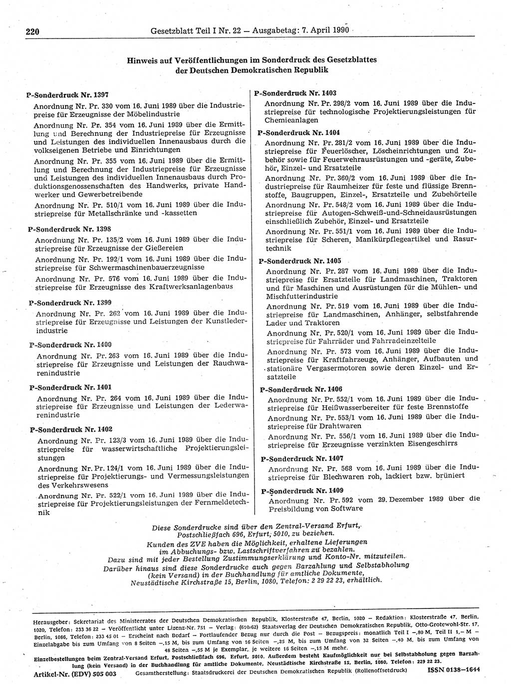 Gesetzblatt (GBl.) der Deutschen Demokratischen Republik (DDR) Teil Ⅰ 1990, Seite 220 (GBl. DDR Ⅰ 1990, S. 220)