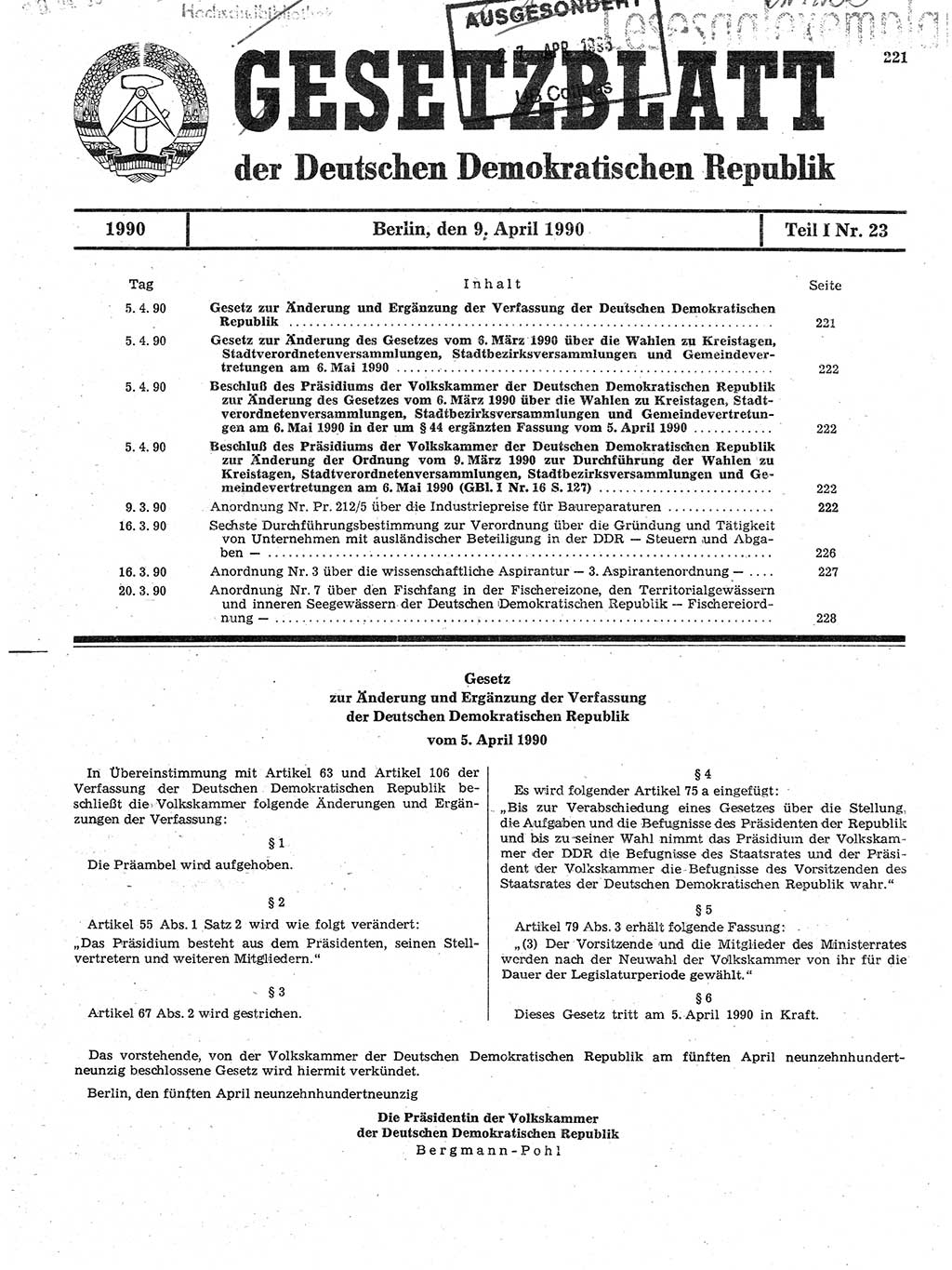 Gesetzblatt (GBl.) der Deutschen Demokratischen Republik (DDR) Teil Ⅰ 1990, Seite 221 (GBl. DDR Ⅰ 1990, S. 221)