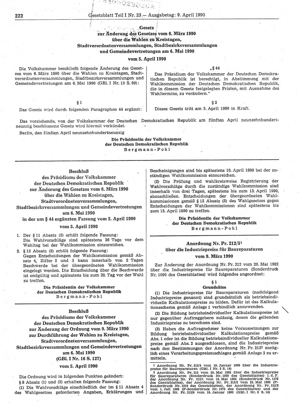 Gesetzblatt (GBl.) der Deutschen Demokratischen Republik (DDR) Teil Ⅰ 1990, Seite 222 (GBl. DDR Ⅰ 1990, S. 222)