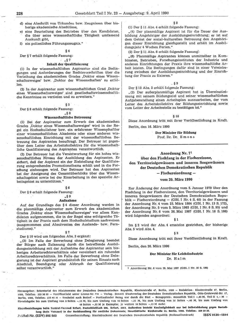 Gesetzblatt (GBl.) der Deutschen Demokratischen Republik (DDR) Teil Ⅰ 1990, Seite 228 (GBl. DDR Ⅰ 1990, S. 228)