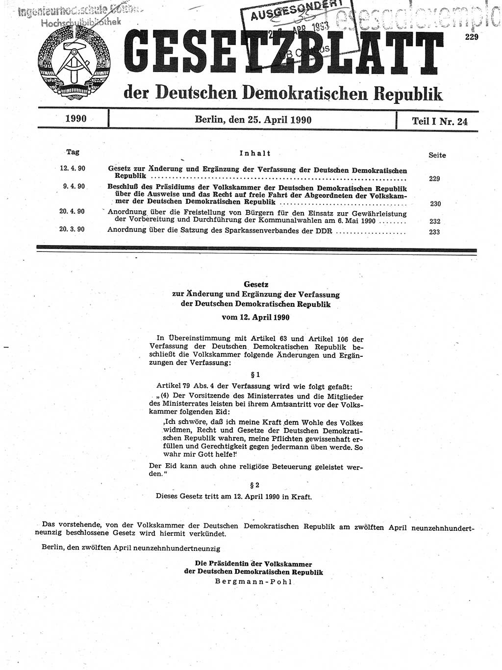 Gesetzblatt (GBl.) der Deutschen Demokratischen Republik (DDR) Teil Ⅰ 1990, Seite 229 (GBl. DDR Ⅰ 1990, S. 229)