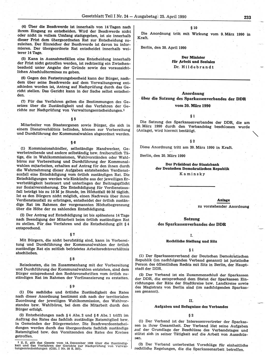 Gesetzblatt (GBl.) der Deutschen Demokratischen Republik (DDR) Teil Ⅰ 1990, Seite 233 (GBl. DDR Ⅰ 1990, S. 233)