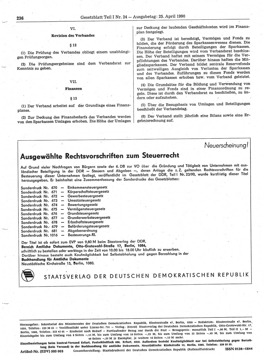 Gesetzblatt (GBl.) der Deutschen Demokratischen Republik (DDR) Teil Ⅰ 1990, Seite 236 (GBl. DDR Ⅰ 1990, S. 236)