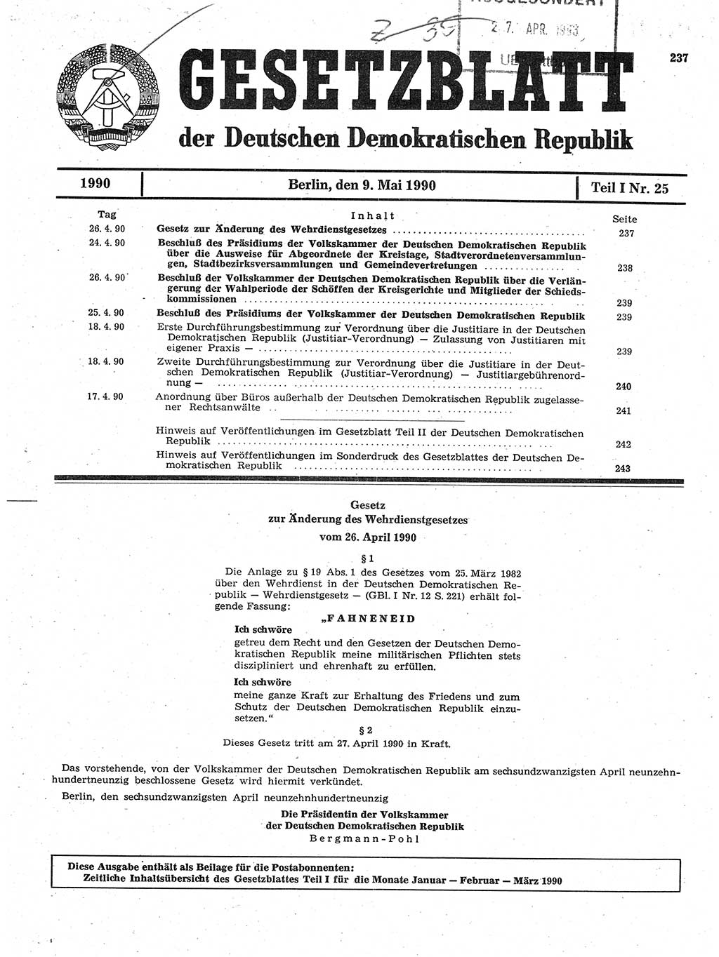 Gesetzblatt (GBl.) der Deutschen Demokratischen Republik (DDR) Teil Ⅰ 1990, Seite 237 (GBl. DDR Ⅰ 1990, S. 237)