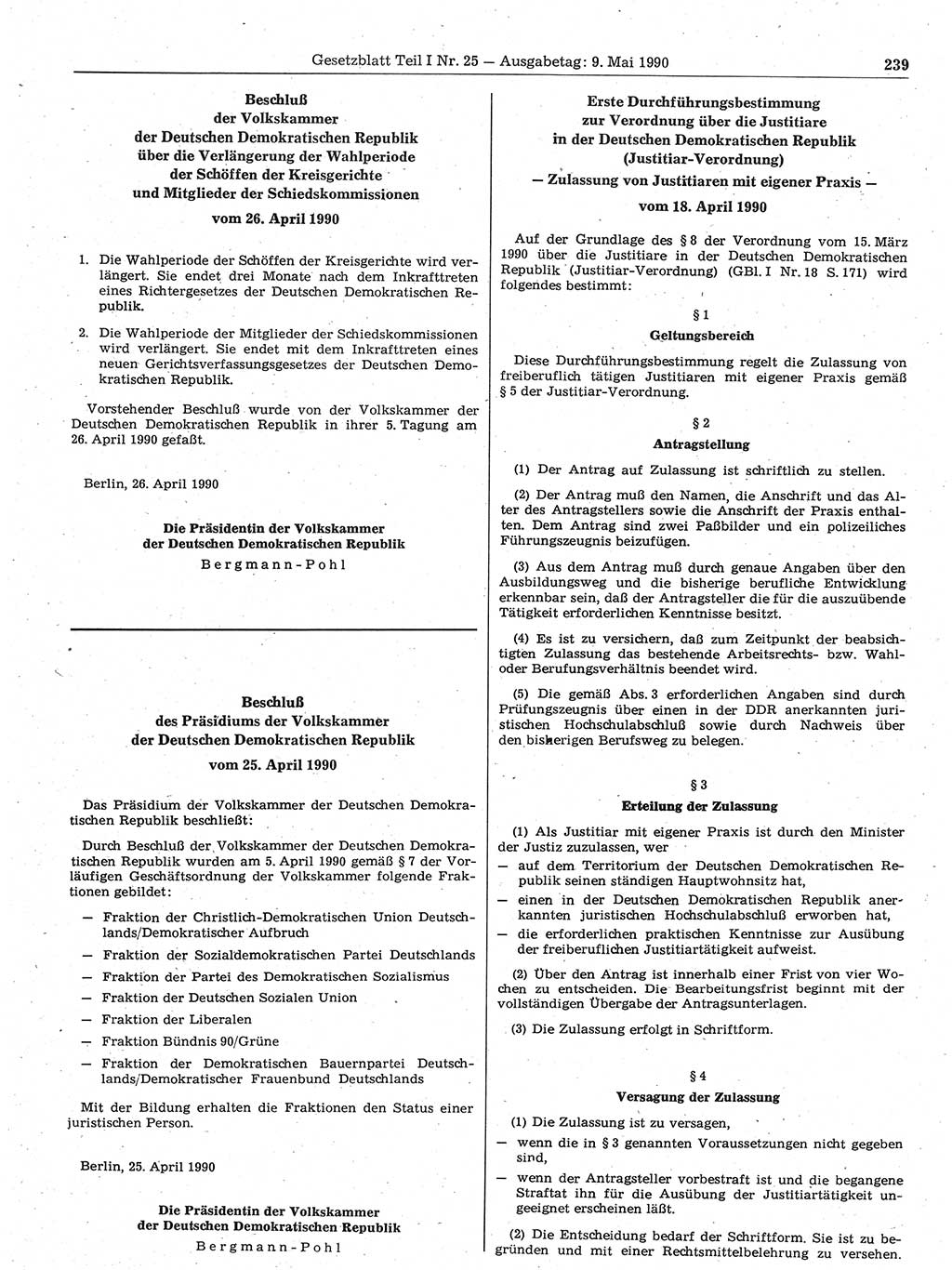 Gesetzblatt (GBl.) der Deutschen Demokratischen Republik (DDR) Teil Ⅰ 1990, Seite 239 (GBl. DDR Ⅰ 1990, S. 239)
