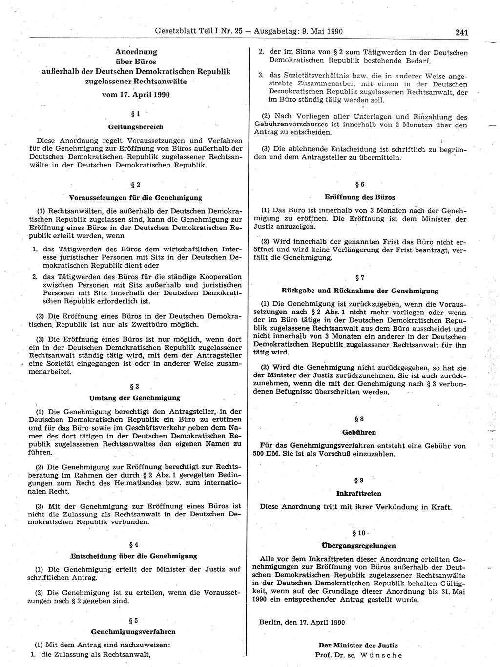 Gesetzblatt (GBl.) der Deutschen Demokratischen Republik (DDR) Teil Ⅰ 1990, Seite 241 (GBl. DDR Ⅰ 1990, S. 241)