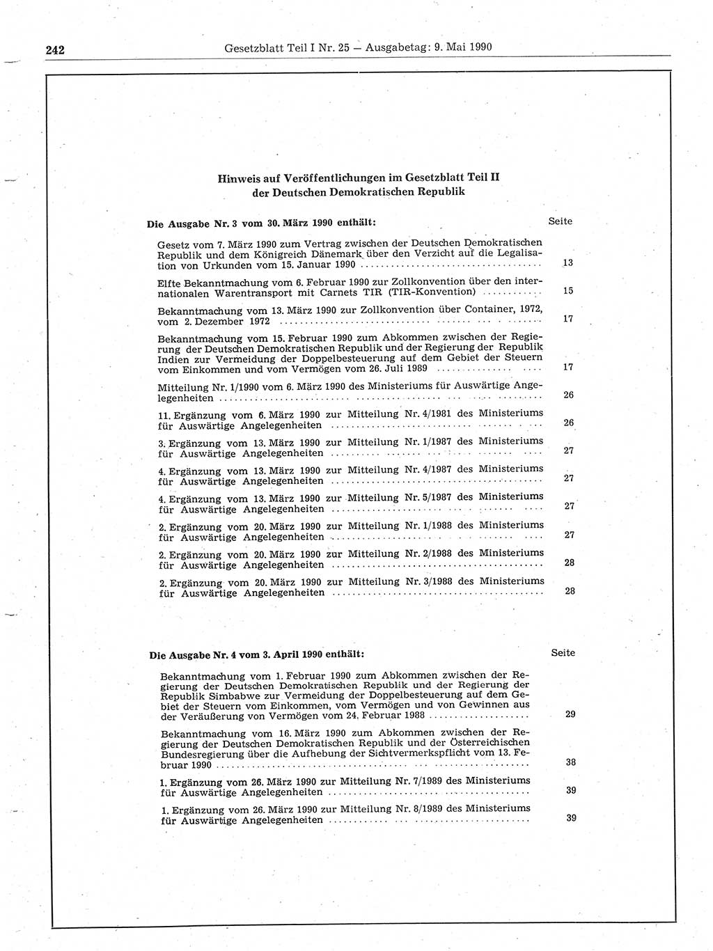 Gesetzblatt (GBl.) der Deutschen Demokratischen Republik (DDR) Teil Ⅰ 1990, Seite 242 (GBl. DDR Ⅰ 1990, S. 242)