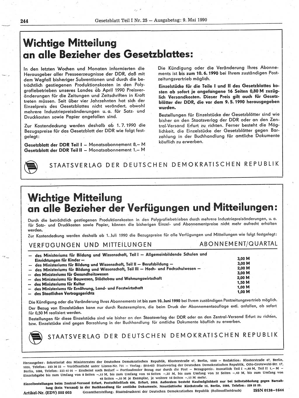 Gesetzblatt (GBl.) der Deutschen Demokratischen Republik (DDR) Teil Ⅰ 1990, Seite 244 (GBl. DDR Ⅰ 1990, S. 244)