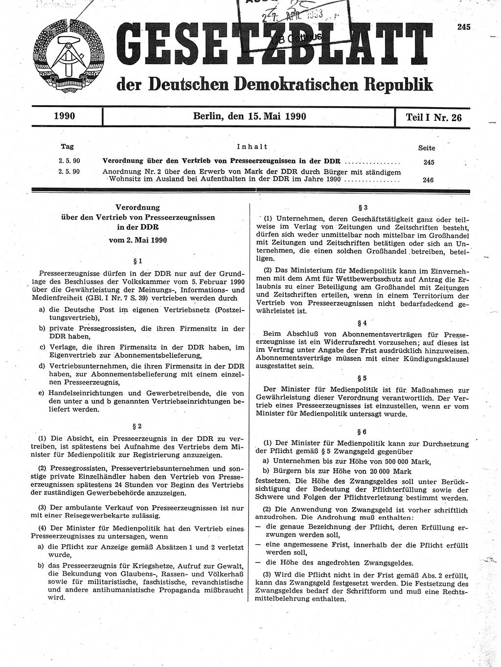 Gesetzblatt (GBl.) der Deutschen Demokratischen Republik (DDR) Teil Ⅰ 1990, Seite 245 (GBl. DDR Ⅰ 1990, S. 245)