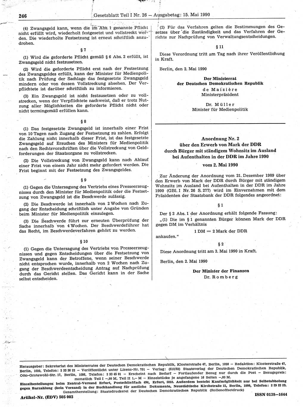 Gesetzblatt (GBl.) der Deutschen Demokratischen Republik (DDR) Teil Ⅰ 1990, Seite 246 (GBl. DDR Ⅰ 1990, S. 246)